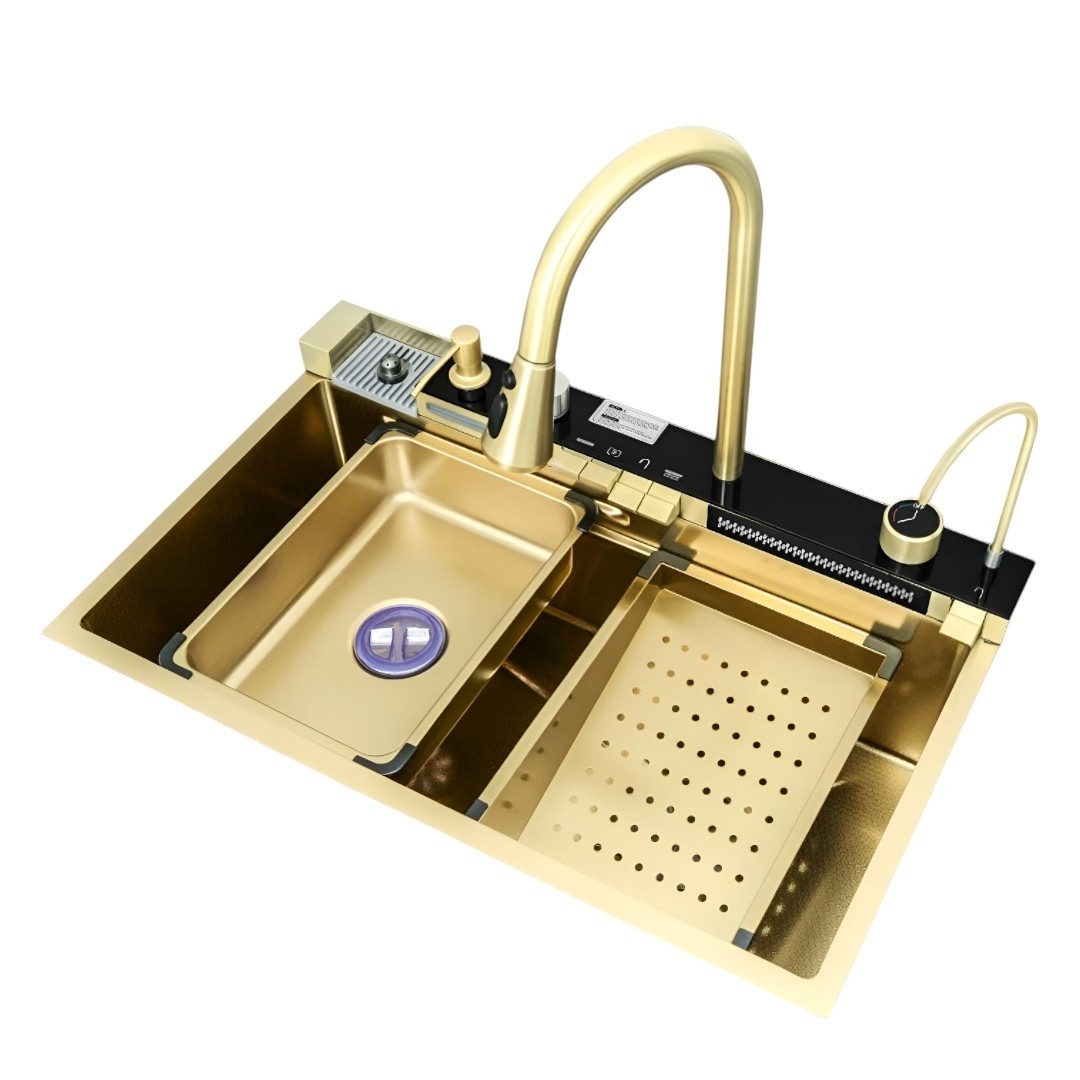Chiuveta multifunctionala premium cu finisaj auriu, dus extractabil, spalator pahare si dozator sapun. Set complet cu accesorii – eleganta si functionalitate maxima!