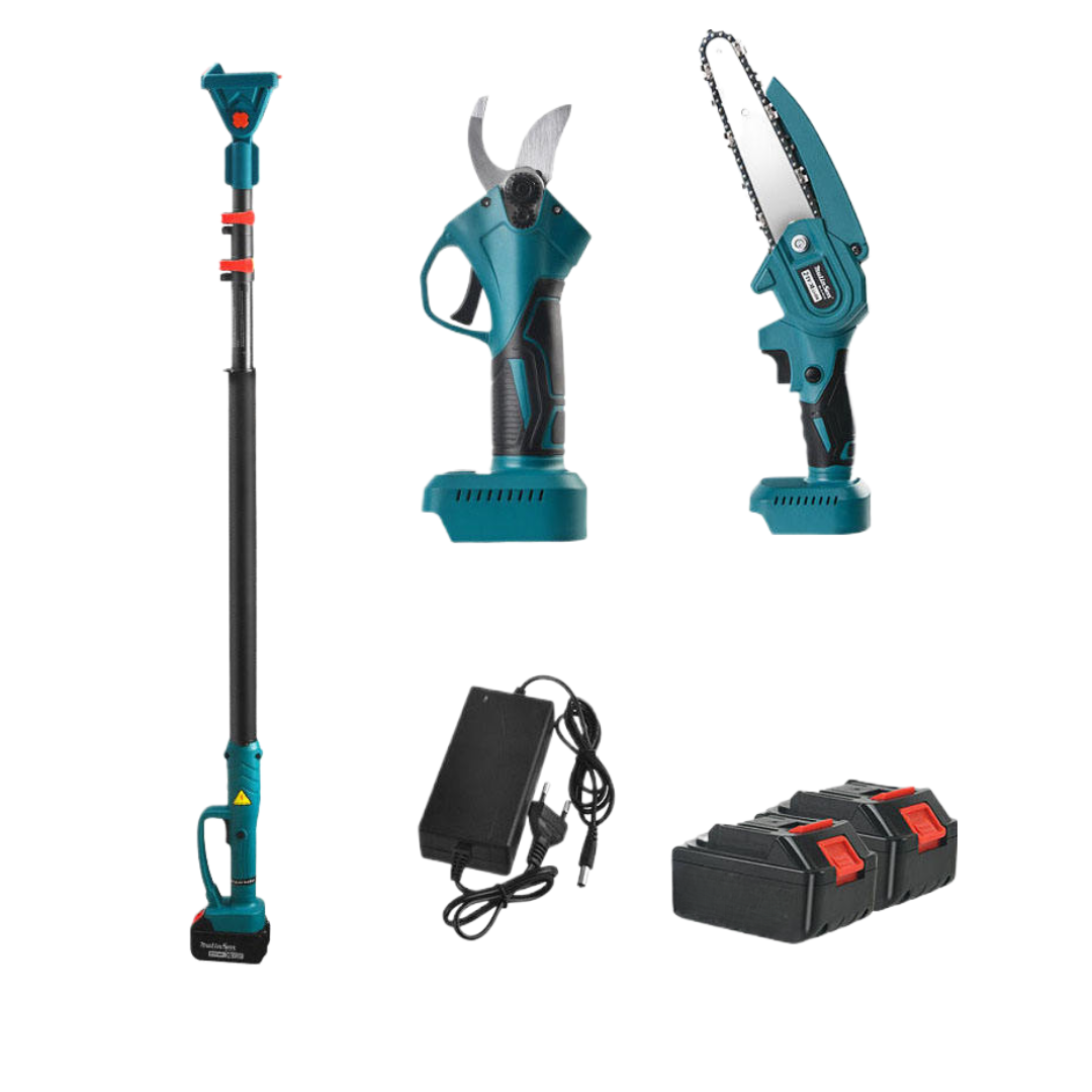 Set Profesional Foarfeca si Mini Drujba Gradinarit - 48V, Brat Telescopic 2.13m, 2 Acumulatori