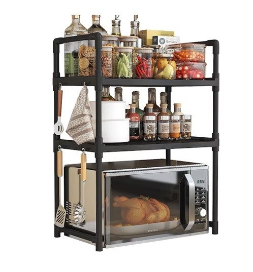 Suport organizator pentru microunde cu 2 rafturi - Raft multifunctional bucatarie cu agatatoare