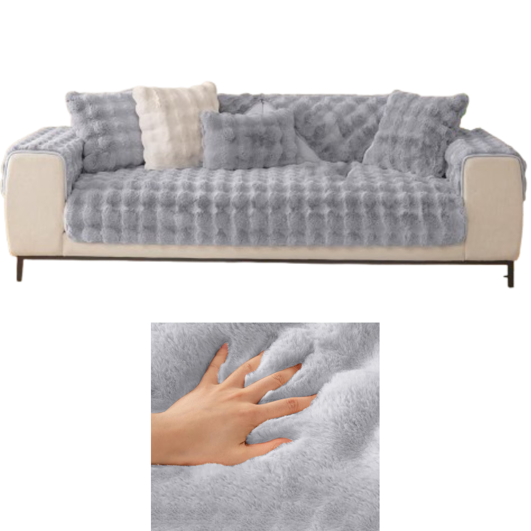 Set Canapea Ultra-Pufos Blana artificiala, 2 Cuverturi, 2 Huse Cotiere, Confort si Eleganta, Gri deschis