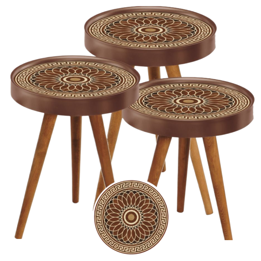 Set 3 Masute Cafea Design Grecesc - Marimi Diferite, Motive Florale si Geometrice, Picioare Lemn Natural
