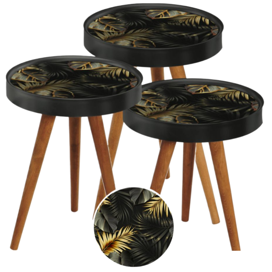 Set 3 Masute Cafea Design Tropical - Negru cu Auriu, Picioare Lemn Natural