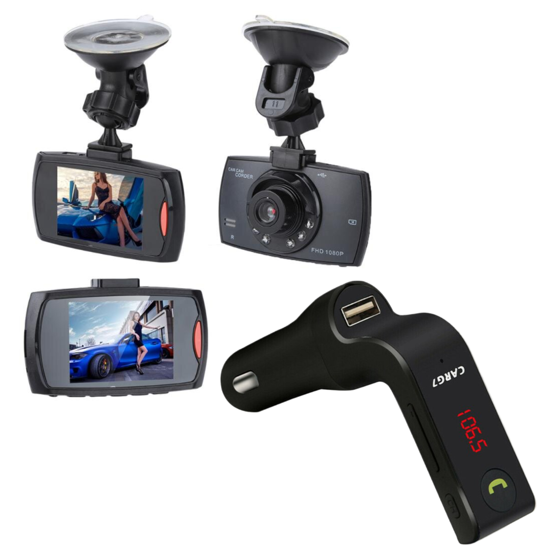 Pachet Camera Auto DVR HD 1080P cu Ecran LCD 6cm si G-Sensor + Modulator FM Auto Bluetooth  Ecran Digital - Kit Handsfree, Incarcator USB si Radio