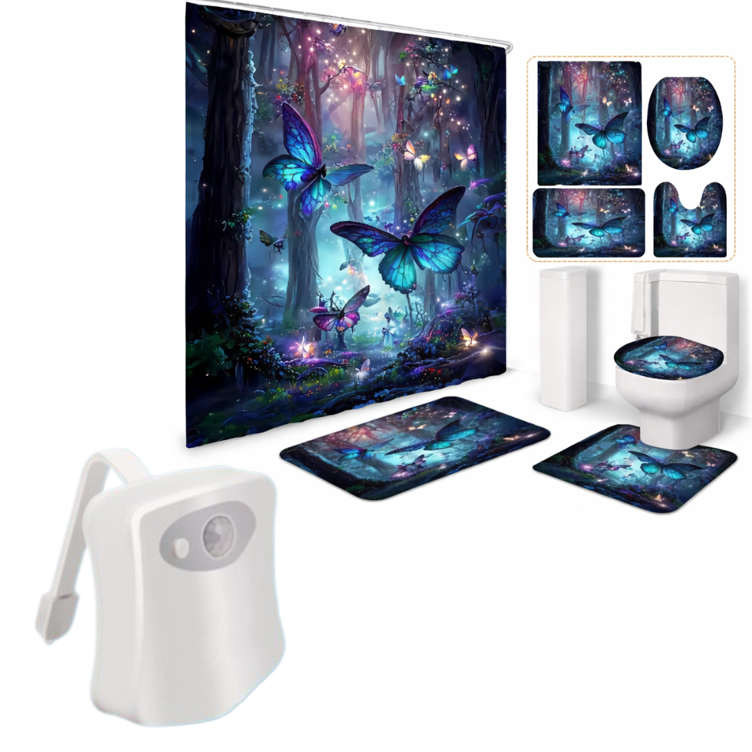 Pachet Set Baie Complet 4 Piese - Perdea Dus + Covorase + Husa WC + Lampa LED pentru toaleta cu senzor de miscare, 8 culori