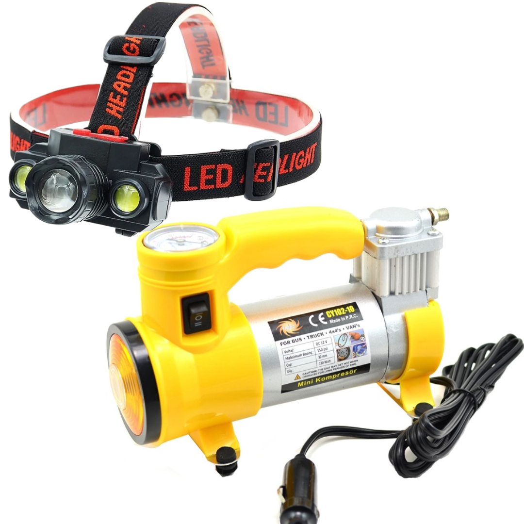 Pachet Compresor Auto Profesional 12V, 35L/min - Ideal pentru SUV, Microbuze, Camionete + Lanterna Frontala LED cu Incarcare USB - 3 Faze Iluminare