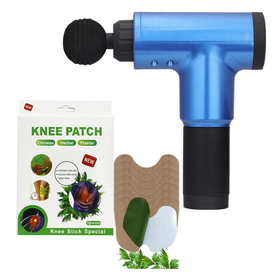 Pachet Aparat de Masaj Profesional Electric - Terapie Musculara Avansata + Set 10 Plasturi cu Extracte Vegetale pentru Genunchi, Spate, Gat si Umeri 