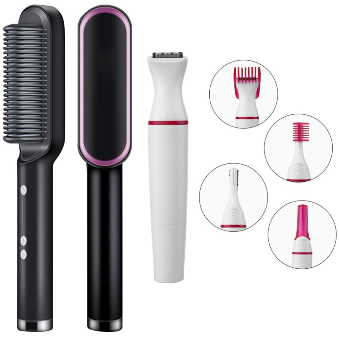 Pachet Perie Electrica Profesionala pentru Indreptatul Parului - 2 in 1 + Epilator Facial 3-in-1 pentru Indepartarea Parului Nedorit