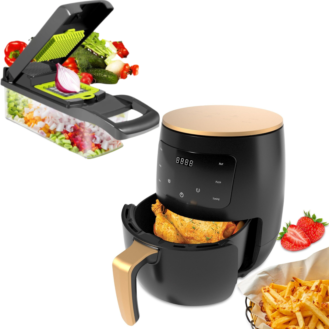 Pachet Friteuza cu Aer Cald 6L 2400W cu Display Digital – Air Fryer fara Ulei pentru Familie + Razatoare Multifunctionala Fructe si Legume 12 Piese