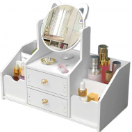 Organizator Cosmetice cu Oglinda Pisica - 4 Compartimente, 2 Sertare, Suport Make-up si Bijuterii
