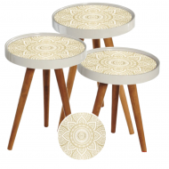 Set 3 Masute Cafea Design Mandala - Alb cu Auriu, Picioare Lemn Natural, Marimi Diferite