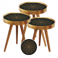 Set 3 Masute Cafea Design Luxos - Blat Auriu-Negru cu Picioare Lemn Natural