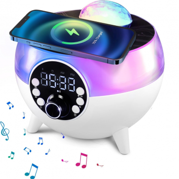 Statie Multifunctionala 5 in 1: Difuzor Bluetooth cu Lumini LED + Incarcator Wireless 15W + Proiector + Ceas Desteptator