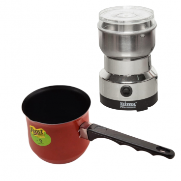 Pachet Ibric Rosu Emailat cu Suprafata Antiaderenta + Rasnita Electrica Inox pentru Cafea si Condimente