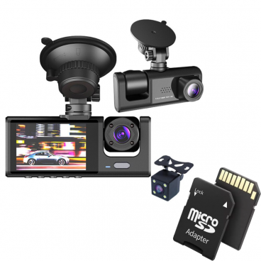 Camera Auto DVR Full HD 1080P cu 3 Lentile + Card 32GB - Unghi 170°, Night Vision, G-Sensor