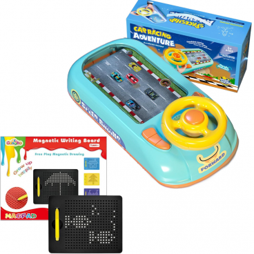 Pachet Jucarii Educative 2in1 Volan Interactiv Copii cu Sunete si Alimentare USB + Tabla Magnetica 380 Bile cu Stilou, 3-6 Ani